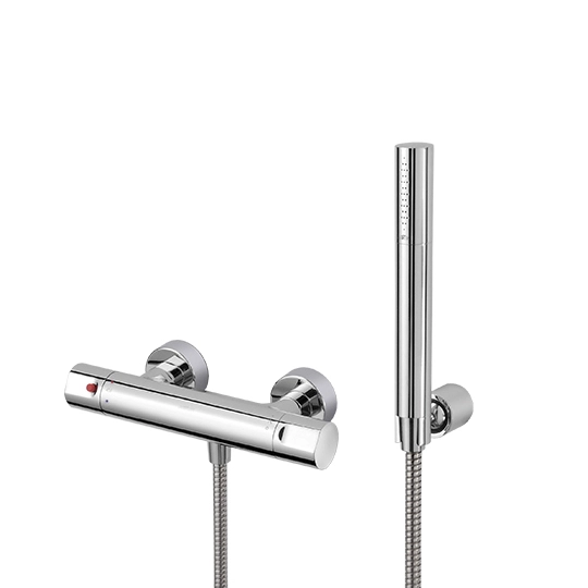 Mezclador termostático de ducha con manguera y ducha de mano y soporte de pared