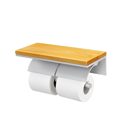 Soporte doble para papel higiénico con estante de madera (aluminio con anodizado)