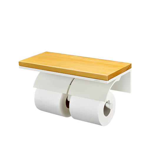 Soporte para papel higiénico doble con estante de madera (aluminio con revestimiento de marfil)